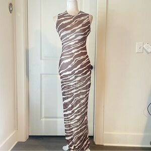 Nichole Lynel Mesh Sleeveless Brown and White Zebra-Print Maxi Dress Sz M